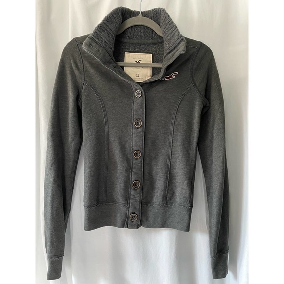 Hollister Gray Cardigan with Large Ribbed‎ Collar and Buttons size XS - Picture 1 of 8